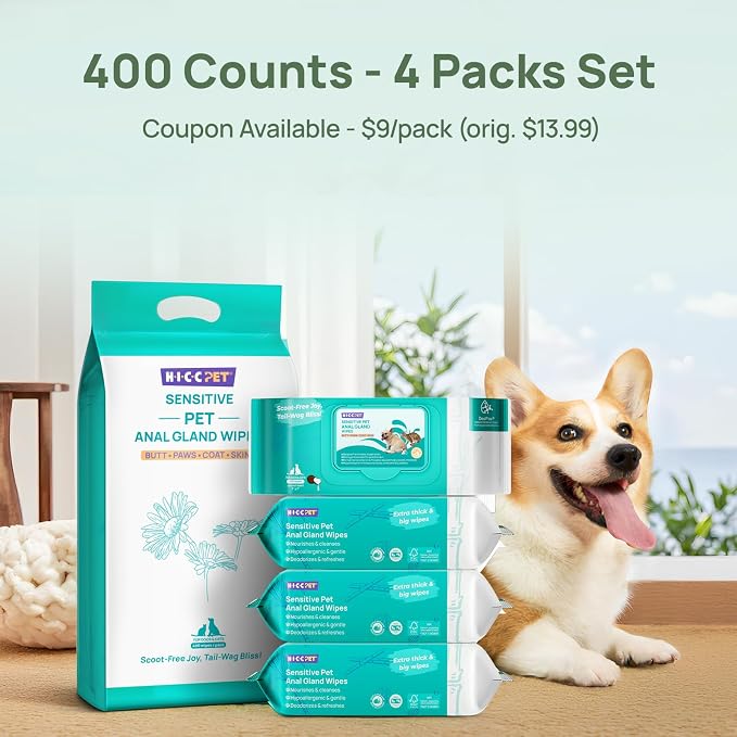 HICC PET Wipes for Dogs & Cats, Cleaning Deodorizing Anal Gland Wipes, Hypoallergenic Hydrating & Nourish Fur Dog Grooming Wipes for Paw, Butt, Body