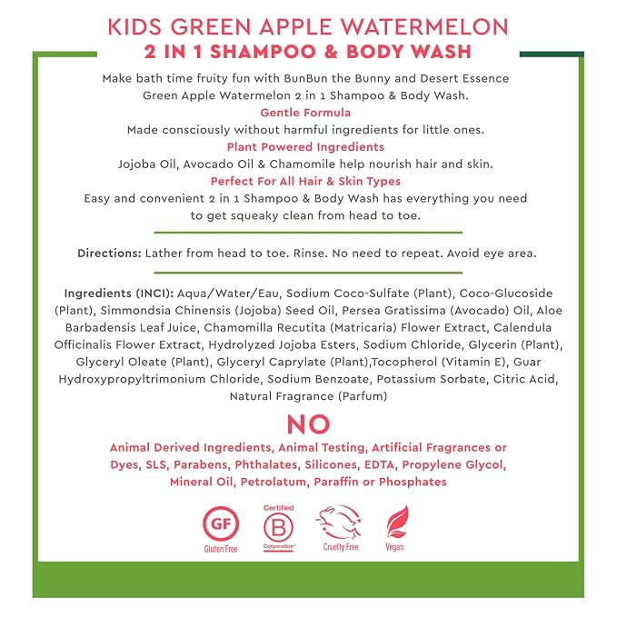 Desert Essence Kids 2-in-1 Shampoo & Body Wash 12.0 fl oz - Vegan, Gluten-Free. Cruelty-Free - Leaves Hair & Skin Nourished - Gentle Formula (Green Apple)