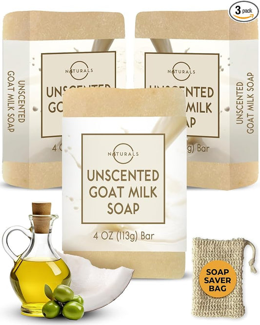 O Naturals 3-Pcs Goat Milk Soap with Soap Saver Bag - Unscented, Triple-Milled, Nourishing, for Sensitive Skin