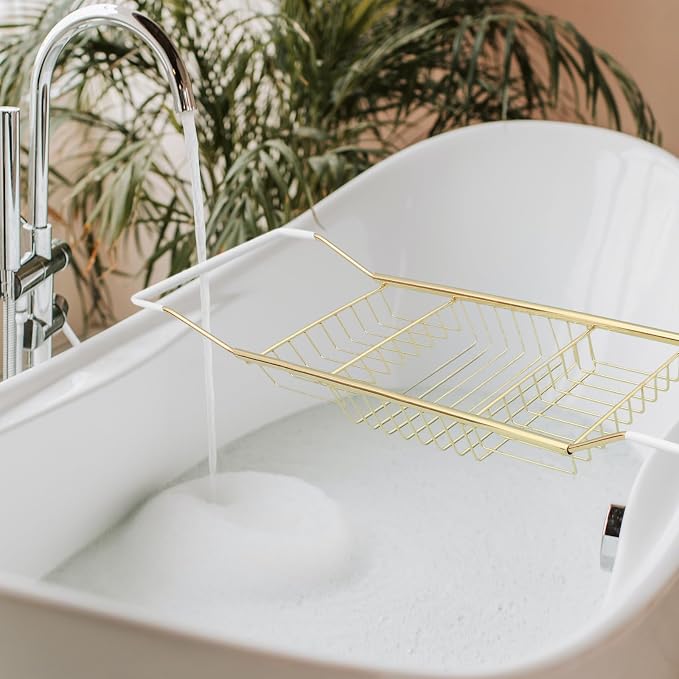 Sewroro Stainless Steel Bathtub Tray Telescopic Bath Rack Storage Organizer Over Tub Tray for Home Bathing Phone Holder (Golden)