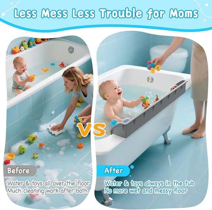 3 Ft Bathtub Splash Guard for Tub Kids, Bath Tub Toy Holder Storage Play Shelf, Longer Silicone Water Splash Guard for Bathtub with Strong Suction Cups, No Mess Water Spill in Bathroom, Grey