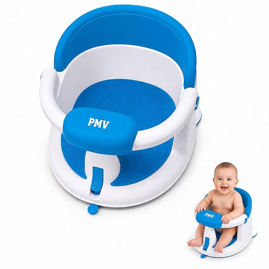 PMV Baby Bath Seat for Sitting Babies, Non-Slip Baby Bath Chair with 3 Suction Cups, Safe & Comfortable Toddler Bath Support Seat for Bath/Shower Use, Stable Design, Gray (6–24 Months) (Blue)