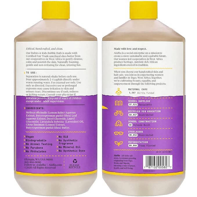 Alaffia Bubble Bath for Babies & Kids, Lemon Lavender 2-Pack – Long-Lasting, Moisture-Rich Bubbles with Shea Butter, 32 Fl Oz Ea