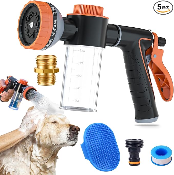 Dog Shower Attachment with Soap Dispenser, Upgraded Dog Washing Hose Attachment for Pet Bathing, High Pressure Foam Sprayer with 10 Spray Modes and Grooming Brush