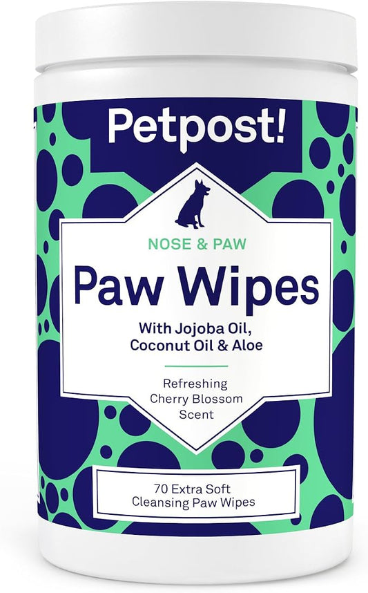 Petpost Large Paw Wipes for Dogs | 70 Count Dog Paw Cleaner Wipes with Coconut Oil, Jojoba Oil & Aloe | Gentle Pet Wipes for Paws | Ultra Soft Cotton Pads, Cherry Blossom Scent