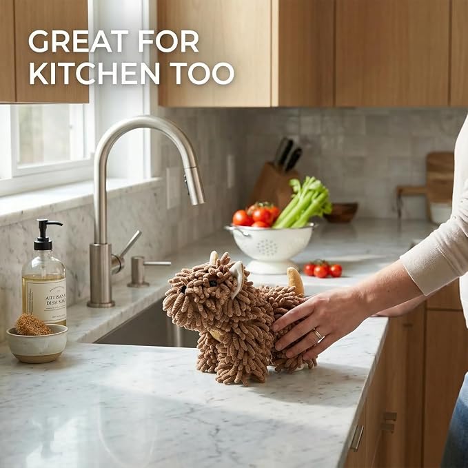 Cute Dog Chenille Hand Towel, 3D Puppy Hangable Fuzzy Ball Hand Towel Microfiber Super Soft Absorbent Bathroom & Kitchen Towels with Hanging Loop, Can Be Placed on the Sink Countertop (Dark Brown)