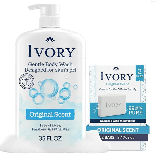 Ivory Body Wash + Gentle Bath Bar Soap (2 Count) Bundle Designed for the Whole Family, Original Scent, Gentle Formula, Made Without Heavy Perfumes, Parabens, or Phthalates, 35 oz & 3.17 oz (Pack of 2)
