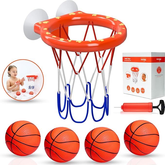MARPPY Bath Toys - Bathtub Basketball Hoop for Toddlers Kids with 4 Mold-Free Balls & Strong Suction Cup Basketball Hoop | Shower Toys and Fun Toddler Bathtub Toys for Boys or Girls