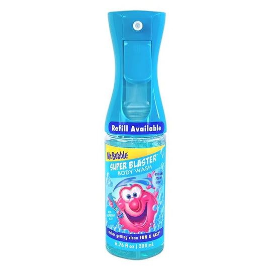 Mr. Bubble Super Blaster Body Wash, Blue Raspberry Blast Scent, Fun Body Wash Sprayer for Kids Shower and Bath, 6.76 fl oz
