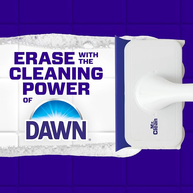 Mr. Clean Magic Eraser Shower & Tub Scrubber, Bathroom Cleaner, All in One Bathroom Cleaner, Lemon Starter Kit, 2 Scrubber, 5 Foaming Magic Erasers, 1 Whole Home Extra Durable Magic Eraser