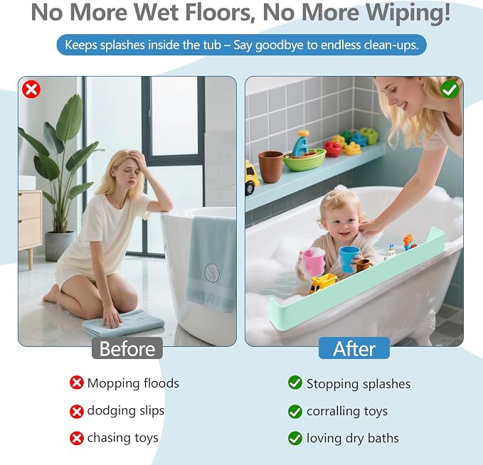 31.5" Bathtub Splash Guard for Tub Kids, Silicone Splash Shield with 11 Suction Cups, Toy Tray Shelf, No Spill Water Barrier, Prevents Mess, Fun Bathtime for Toddlers Baby–Green