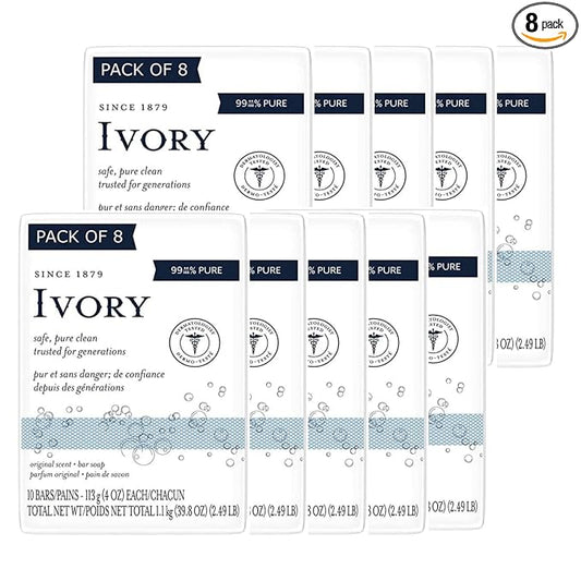 Ivory Bar Soap, Original Scent, 10 count, 4 oz (Pack of 8, total of 80 Bars)
