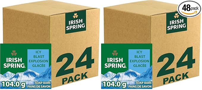 Irish Spring Icy Blast Bar Soap for Men, Mens Soap, Smell Fresh and Clean 12 Hours, Men Bars Washing Hands Body, Mild Skin, Recyclable Carton, 3.7 Oz, (Pack of 48)