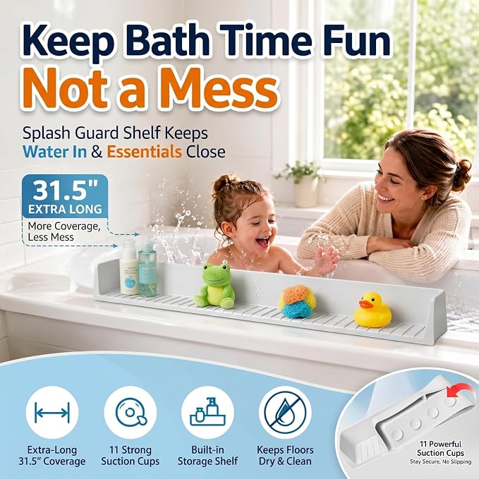 Bathtub Splash Guard for Kids, Silicone Tub Edge Guard & Splash Barrier with Strong Suction Cups, Bath Toy Shelf & Tray Holder, Prevent Water Spills on Bathroom Floor, Extra Long Tub Ledge Shelf