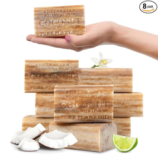 Australian Botanical Soap, 6.6 OZ, Coconut and Lime Oil, Triple Milled Bars made with a Natural Soap Base and Enriched with Organic Shea Butter, Pack of 8