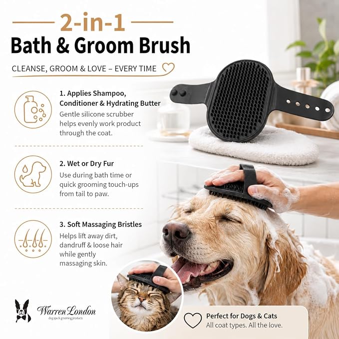 Warren London 2-in-1 Bath & Groom Brush for Dogs & Cats – Black Silicone Scrubber & Applicator for Shampoo, Hydrating Butter or Leave-In Conditioner – Gentle Massaging Grip