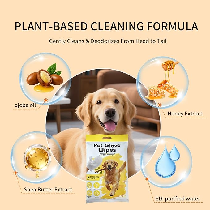 Cleaning Glove Wipes for Dogs & Cats, Hypoallergenic Nourish Fur Pet Grooming Glove Wipes, Pet Rinse Bathing Wipes, Deodorizing & Hypoallergenic Pet Cleaning Gloves for Grooming, Paws, & Body