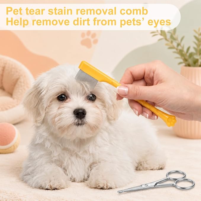 2 Pcs Dog Tear Stain Remover Comb with Pet Grooming Round Tip Scissors Stainless Steel Dog Eye Comb Pets Grooming Tool Stress-free Tear Stain Remover for Pet Facial Eye Area