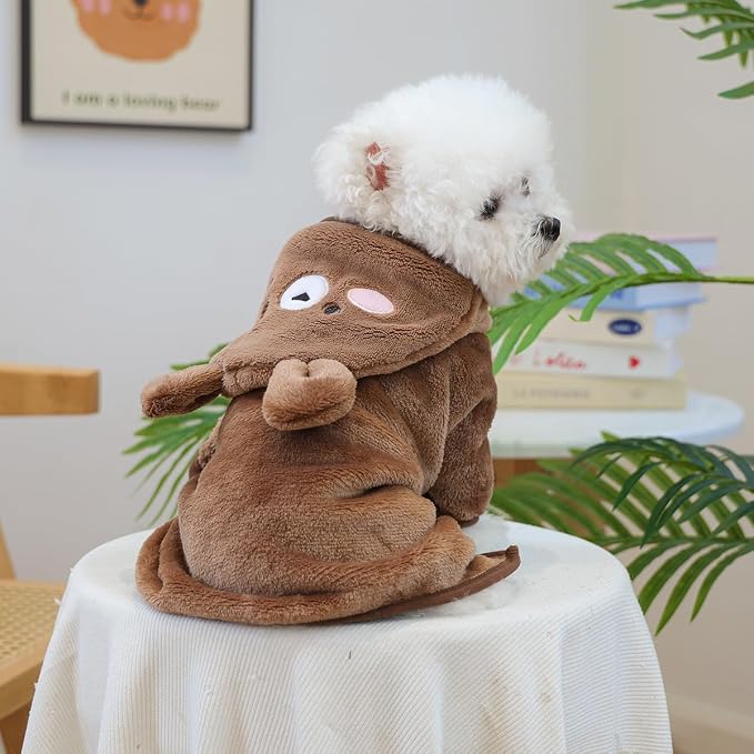 Dog Bathrobe with Hood Super Absorbent Soft Quick Drying Towel Wrap Adjustable Puppy Cat Bath Robe Towel for Cold Weather Beach Pool (Dark Brown Bear, Medium)