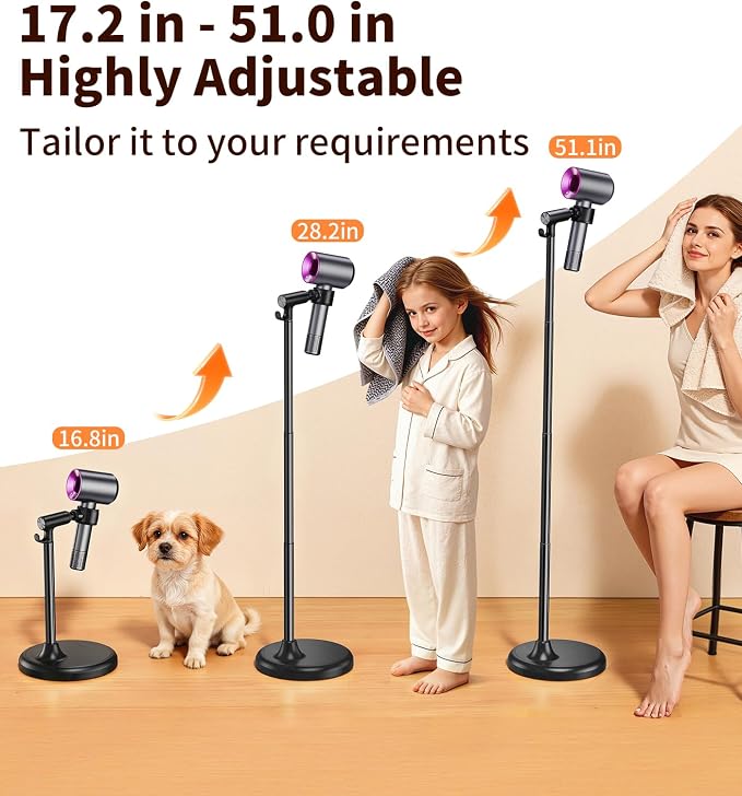 Hair Dryer Stand Hands Free, 360° Rotation Black | Anti-Slip Stable Base, Aluminum Alloy, Adjustable Height 17-51 Inch, For Families & Pet Grooming & Salon