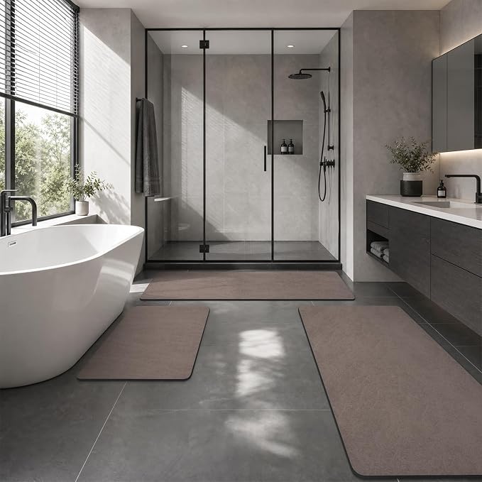 MontVoo -Bath Mat Rug-Rubber Backing Non Slip Quick Dry Absorbent Thin Bathroom Rugs Fit Under Door-Faux Suede Surface Bathroom Floor Mats-Shower Rug for in Front of Bathtub Shower Brown 20"x32"