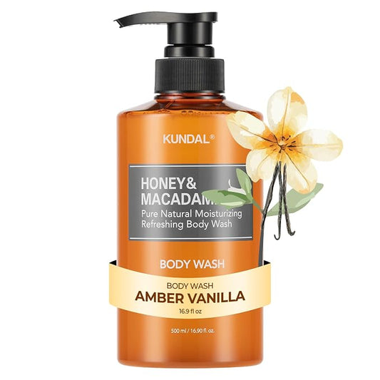KUNDAL Honey & Macadamia K Beauty Pure Natural Moisturizing Refreshing Body Wash, Amber Vanilla, 16.9 Fl Oz - Cleanse + Hydrate, Aloe Vera, Plant-Based Oils - Deep Nourishment Natural Extracts Blend