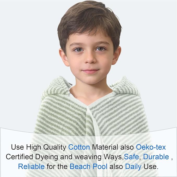 VOOVA & MOVAS Hooded Bath Towels for Kids | Soft Absorbent 100% Cotton Thick Towel Wrap | Versatile Beach, Pool, Swim & Bath Cover-Up | Green White Thin Horizontal Stripe