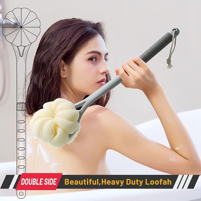 Shower Body Brush,Soft Bristles and Beautiful Pumpkin Loofah 14” Long Handle Back Scrubber Bath Mesh Sponge for Skin Exfoliating Bath,Massage Bristles Suitable for Wet or Dry,Men and Women (Grey)