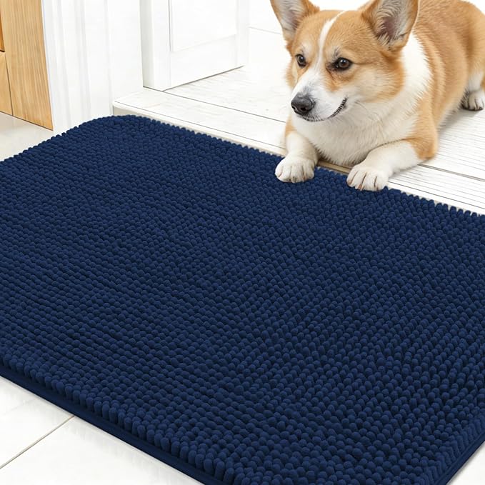OLANLY Dog Door Mat for Muddy Paws 24x16, Absorbs Moisture and Dirt, Absorbent Non-Slip Washable Doormat, Quick Dry Chenille Mud Mat for Dogs, Entry Indoor Entryway Carpet for Inside Floor, Dark Blue