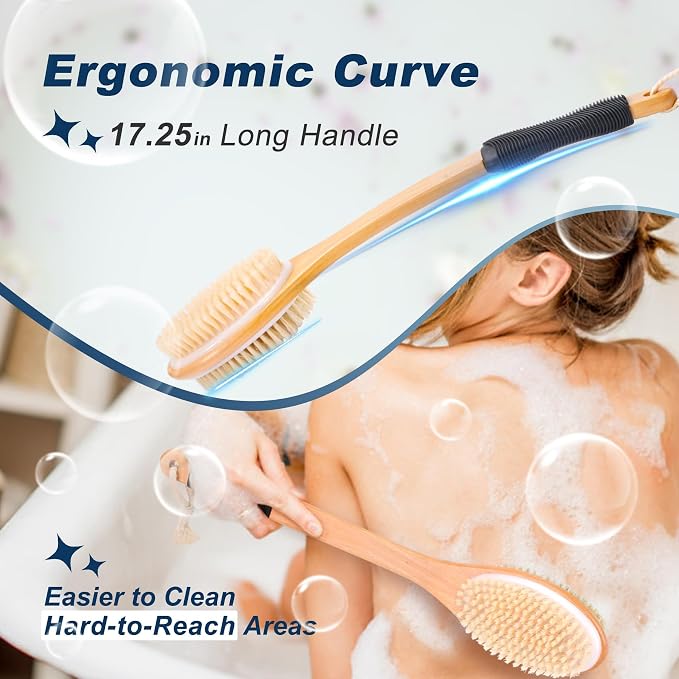 Long Handle Ergonomically Back Scrubber/Brush for Shower, Double Sided Exfoliating Body Scrubber for Women and Men (Blue) (Black (2-Pack))