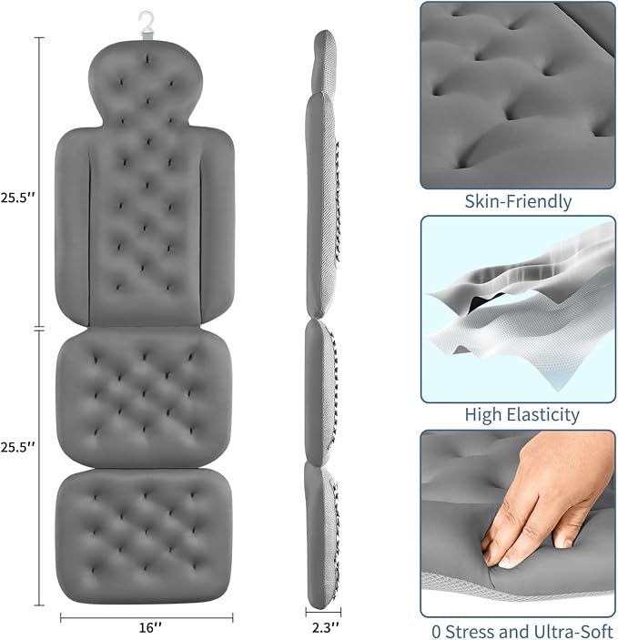 Bath Cushion, Full Body Bathtub Pillow with 160 Suction Cups, Bath Mat for Head and Neck Support, with Laundry Bag (Dark Gray, 51" x 16")