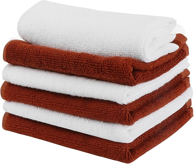 6 Pack 100% Cotton Washcloths, 12x12 Inch Highly Absorbent Soft Face Towels - Zero Lint Fingertip Towels for Bathroom Gym Hotel Spa, 3 White + 3 Brown