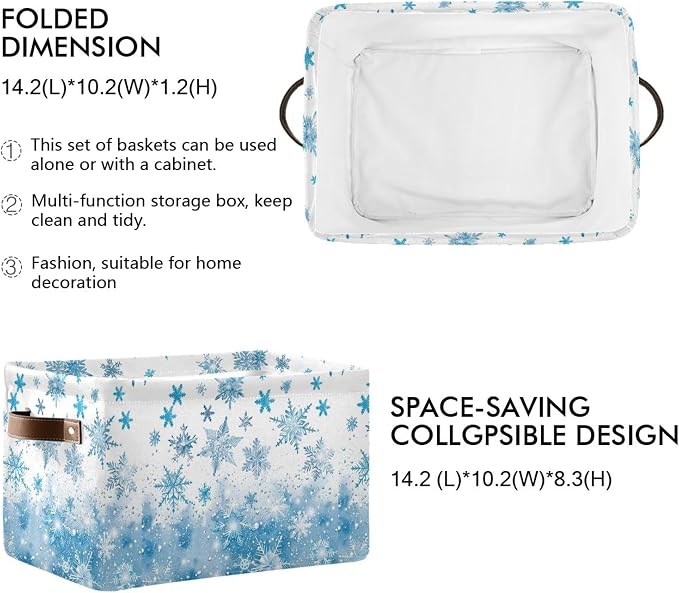Winter Snowflake Blue Storage Basket with Waterproof Liner and PU Handles White Christmas Holiday Xmas Storage Boxes 14.2" Collapsible Decorative Organizer Baskets for Bedroom Closet Office 2 Pack