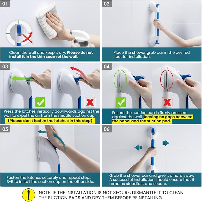 TAILI Shower Grab Bar Suction Grab Bars for Bathtubs and Showers, Heavy Duty Bath Handle Removable Bath Handrails for Seniors and Elderly, Bathroom Safety Grip No Drilling Waterproof,Blue (Pack of 2)