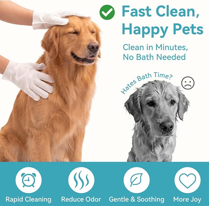 Extra Thick Pet Glove Wipes for Dogs Cats, Double Moisture No-Rinse Deodorizing Grooming Gloves for Paws, Body, Ears & Eyes, Hypoallergenic Dog Cleaning Wipes, Coconut Scent, 12 Count