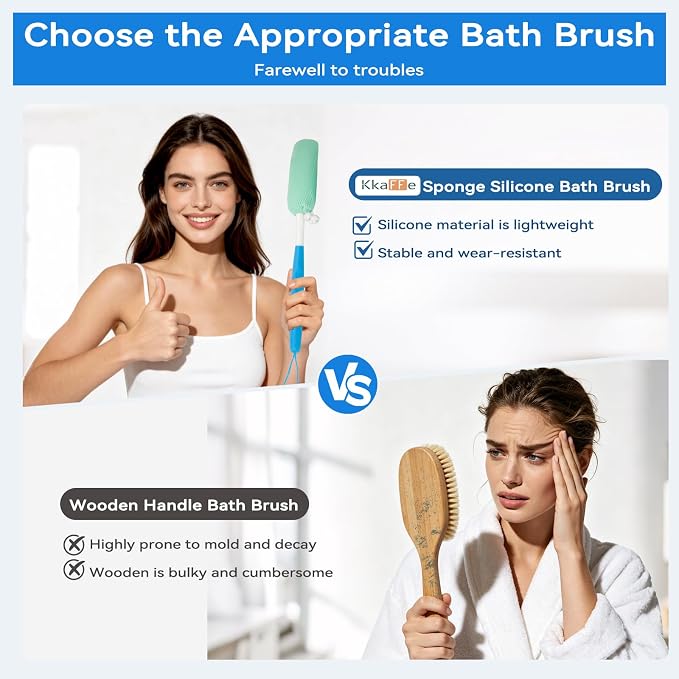 Shower Body Brush Skin Exfoliating Curved Back Scrub Brush Massage Bath Brush Extra Large Curved Handle European and American Hand-Shaped Removable Bold Long Handle Back Washer (Black-White)