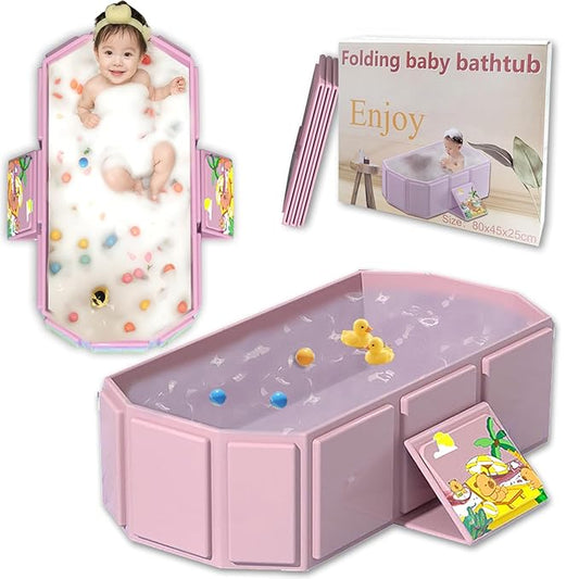 Baby Foldable Children's Bathtub, Portable Non-Slip Shower Tray for Kids, Toddler Bath Tub with Drain Plug, Boys and Girls Bathroom Water Pool, Cat and Dog Pet Wash Shower Basin (Pink)