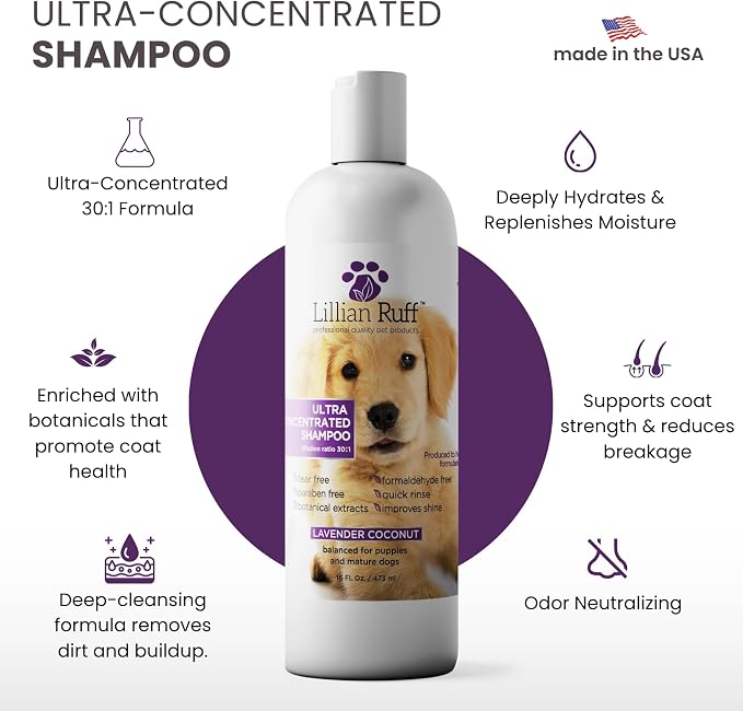 Lillian Ruff PRO Formula Ultra Concentrated Dog Shampoo – Makes 4 Gallons/30 Bottles, 30:1 Dilution, Professional Pet Shampoo for Sensitive Skin | Deodorizing & pH-Balanced Made in USA 16.9oz + Brush