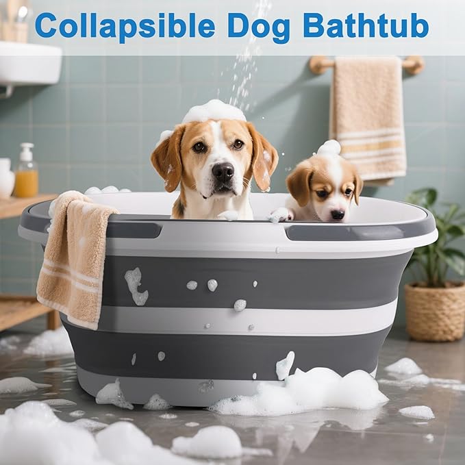 Large Dog Bathtub 35L Collapsible Bucket with Handles & Wheels, Portable Bathtub Shower Bucket for Cat Bathing & Pet Dog Supplies, Folding Laundry Basket Clothes Storage Organizer RV Outdoor Bath Tub