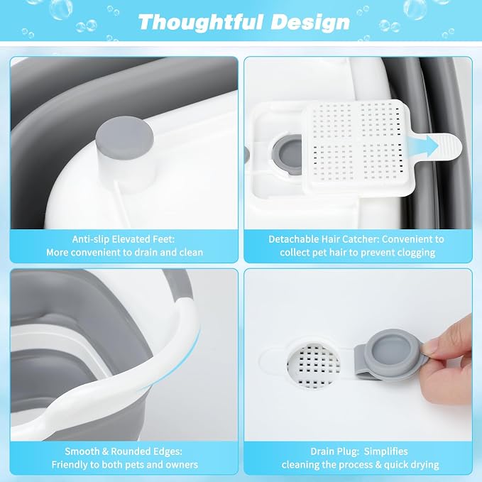FHTONGE 7.13 Gal/27L Raised Collapsible Dog Bathtub with Drain Fur Catcher, Multifunctional Pet Washtub for Small to M Dog, Portable Puppy Tub Cat Shower Basin Laundry Basket Storage Organize Bucket