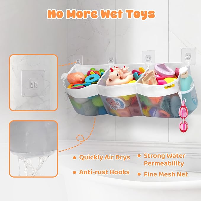 Bath Toy Organizer 3 Compartment Bath Toy Storage Bag Shower Caddy Quick Access Bathtub Toys Holder Baby Shower Games Tub Quick Dry Baby Bathroom Toys Storage Accessory Gray