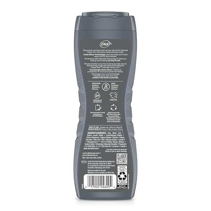 Dial Men 3 in 1 Body, Hair and Face Wash, Ultimate Clean, 16 Fl Oz, Pack of 4, Amber Woods Scent, Cleanses Deep + Gentle on Skin with Clean Rinse Technology