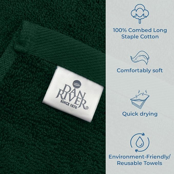 DAN RIVER Large Bath Towels Set of 4, 27 x 54 Inches, 600 GSM Larger & Lighter Weight Towels for Bathroom - Highly Absorbent & Quick Dry 100% Cotton Bath Towel Set for Home, Spa & Hotel - Huntergreen