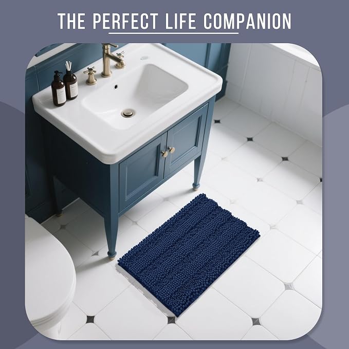 Yimobra Bathroom Rug Mat 24 x 17, Non Slip and Super Absorbent Bath Mat,Machine Washable Quick Dry,Ultra Plush Chenille Shower Rugs for Bathroom Floor Sink Tub and Shower Outside,Navy Blue