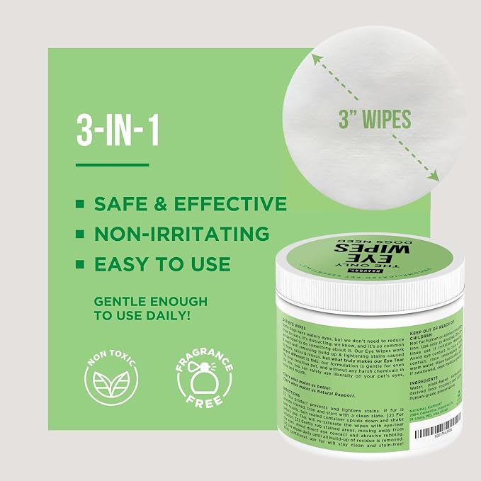 Natural Rapport Dog Eye Stain Wipes - The Only Eye Tear Stain Remover Dogs Need - Dog and Cat Tears Stain Removing Treatment (100 Wipes)