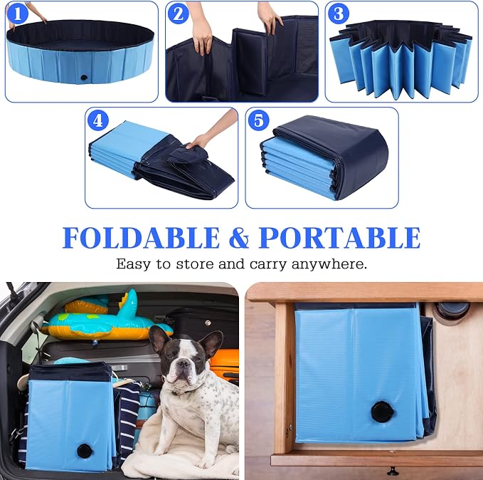Eooqi Foldable Dog Pool, Portable Pet Bath Tub and Kiddie Swimming Pool, Collapsible Bathtub for Puppies, Small, Medium and Large Dogs, Cats and Kids, 87 x 12 in, Blue