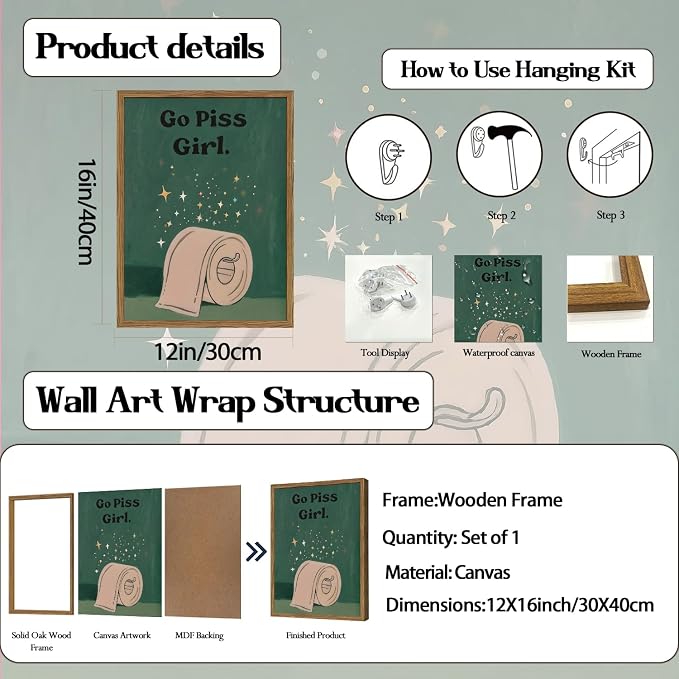 Funny Girl Bathroom Wall Art Go Piss Girl Toilet Paper Sign Wall Decor Picture Trendy Retro Moody Green Quote Restroom Poster Canvas Painting Prints 12x16 inch Wood Framed