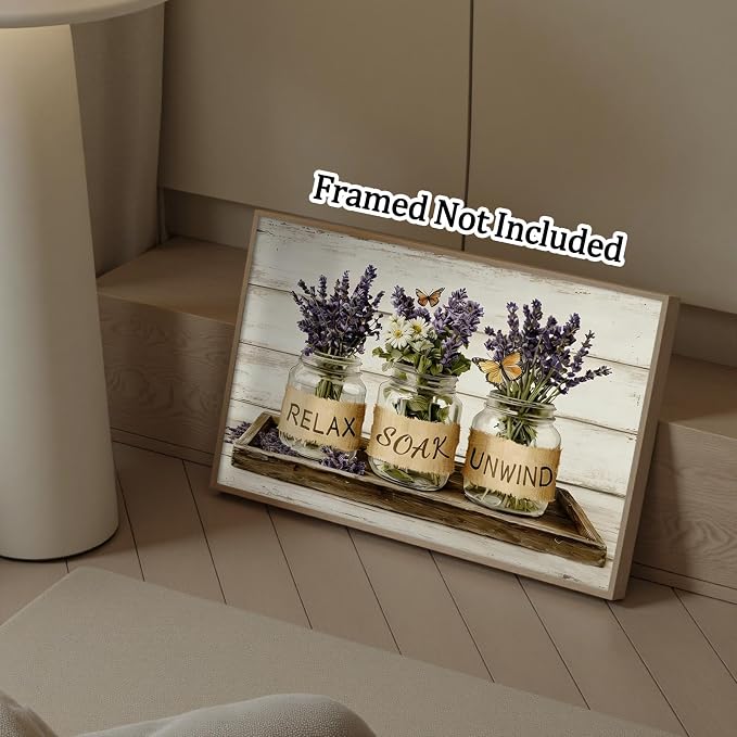 Relax Soak Unwind Lavender Bathroom Wall Art Farmhouse Mason Jar Floral Poster Rustic Spa Wall Decor with Butterflies Aesthetic Print for Powder Room Apartment 20X30 in Wrapped Framed