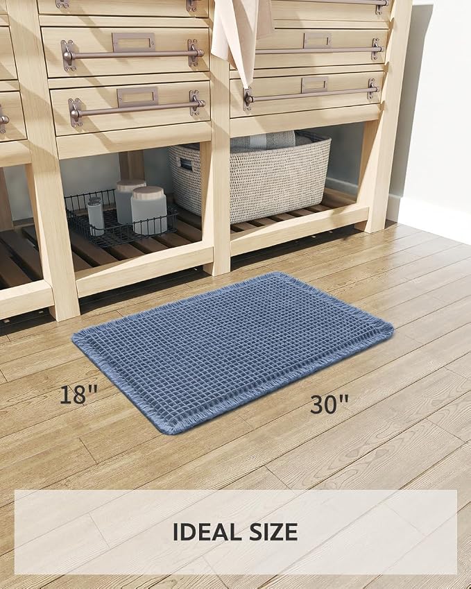 Waffle Bath Mat Rug, Super Absorbent Non Slip Bath Mats for Bathroom Mat Ultra Soft Bathmat Machine Washable Bathroom Rugs with Tassels, Bath Rugs for Bathroom Floor Beside Tub, 18" x 30", Blue