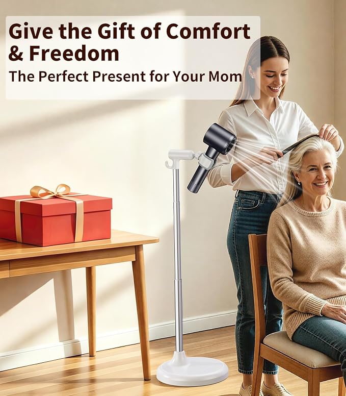 Hair Dryer Stand Hands Free, 360° Rotation White | Anti-Slip Stable Base, Aluminum Alloy, Adjustable Height 17-51 Inch, For Families & Pet Grooming